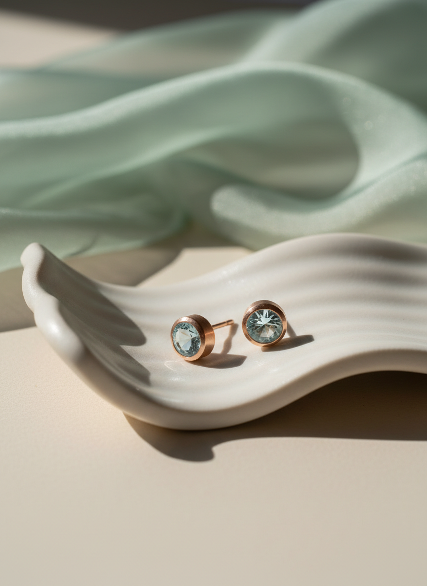 A serene photographic composition featuring a delicate pair of energetic stud earrings displayed on a sculpted, off-white ceramic dish shaped like a soft wave, resting on a pale sand-colored surface. Each earring is a tiny, faceted aquamarine set in brushed rose gold, emitting a gentle, watery blue tone. In the background, slightly out of focus, a translucent silk cloth in muted seafoam green flows diagonally, suggesting subtle movement. Gentle diffused daylight from a nearby window bathes the scene, creating very soft shadows and a tranquil glow on the ceramics and metal. Shot from a slightly elevated, close-up angle with a minimalist, sophisticated aesthetic, the mood is calming, airy, and emotionally soothing, evoking the subtle energetic cleansing and emotional balance of the earrings.