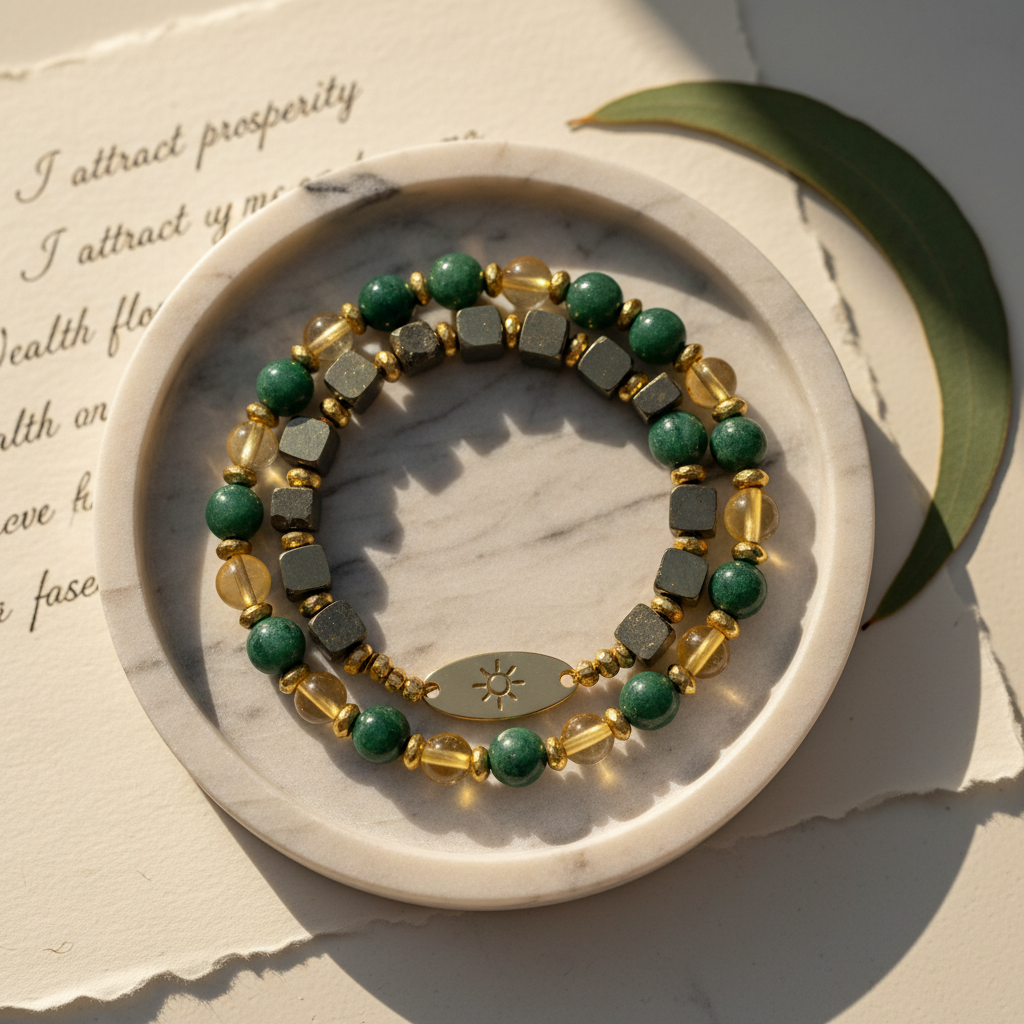 An intimate, niche scene of a custom energetic intention bracelet designed for abundance, arranged in a small, circular marble tray with soft gray veining. The bracelet combines polished pyrite, green aventurine, and citrine beads with tiny, brushed gold spacers and a slim engraved charm inscribed with a subtle symbol. Around the tray, a folded piece of handmade paper with faint handwritten affirmations is partially visible, and a single eucalyptus leaf adds organic color. Warm, indirect afternoon light from the upper left creates gentle reflections on the metallic pyrite and gold, while maintaining a soft, luxurious atmosphere. The photographic image is shot top-down with a focused center and slightly blurred edges, emphasizing the bracelet as a sacred object for manifestation within a sophisticated, soulful setting.