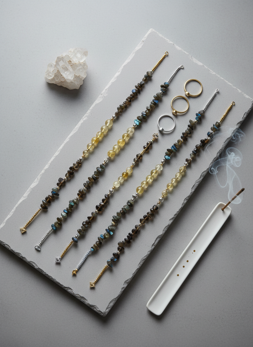 A carefully arranged flat lay of multiple energetic bracelets and rings on a large, pale gray stone slab with a velvety matte finish. The jewelry features polished labradorite, citrine, and smoky quartz beads combined with thin, minimalist silver and gold bands, each piece aligned in subtle, harmonious diagonals. A small raw crystal cluster rests in one corner, balanced by a slim, white ceramic incense holder with a faint curl of smoke in the opposite corner. Soft, diffused overcast light from above creates even illumination with delicate shadows that emphasize forms and textures. The photographic composition uses a top-down bird’s-eye view with sharp focus throughout, evoking a sophisticated, calm, and balanced atmosphere that communicates the energetic harmony of the collection.