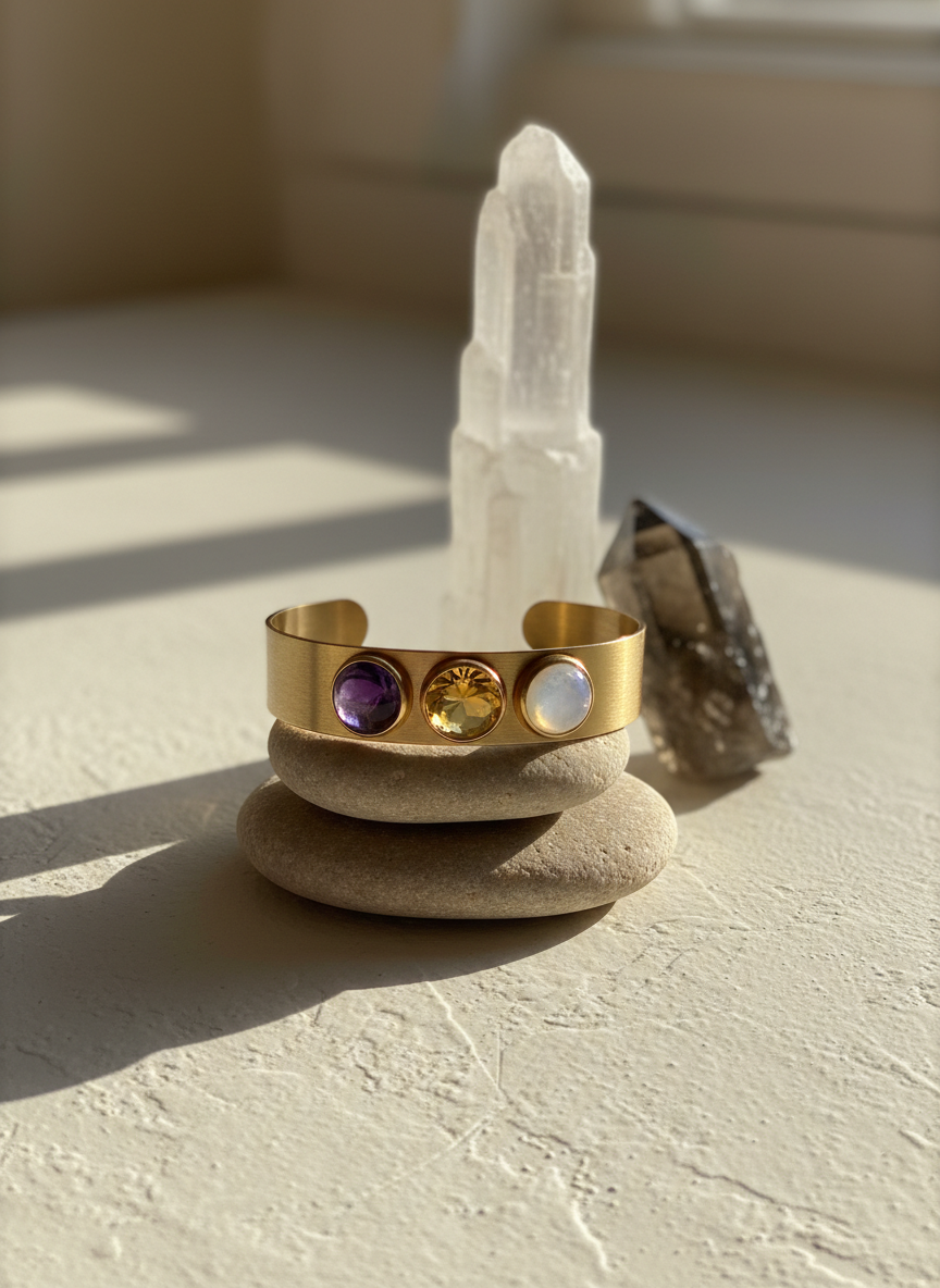 A refined altar-like vignette with a single energetic cuff bracelet resting atop a stacked pair of smooth, sand-colored stones, placed on a minimalist off-white plaster surface. The cuff is made of brushed gold with three inset stones—amethyst, citrine, and moonstone—each subtly glowing with internal color. Behind it, a tall, translucent selenite tower and a small, smoky quartz point rise like guardians. Gentle afternoon sunlight filters from the left, creating long, soft shadows and a luminous halo along the bracelet’s edge. Shot with a slightly low angle and shallow depth of field, the background melts into soft blur, while the main subject remains in crisp photographic detail. The mood is sacred, contemplative, and sophisticated, evoking energetic elevation and inner balance.