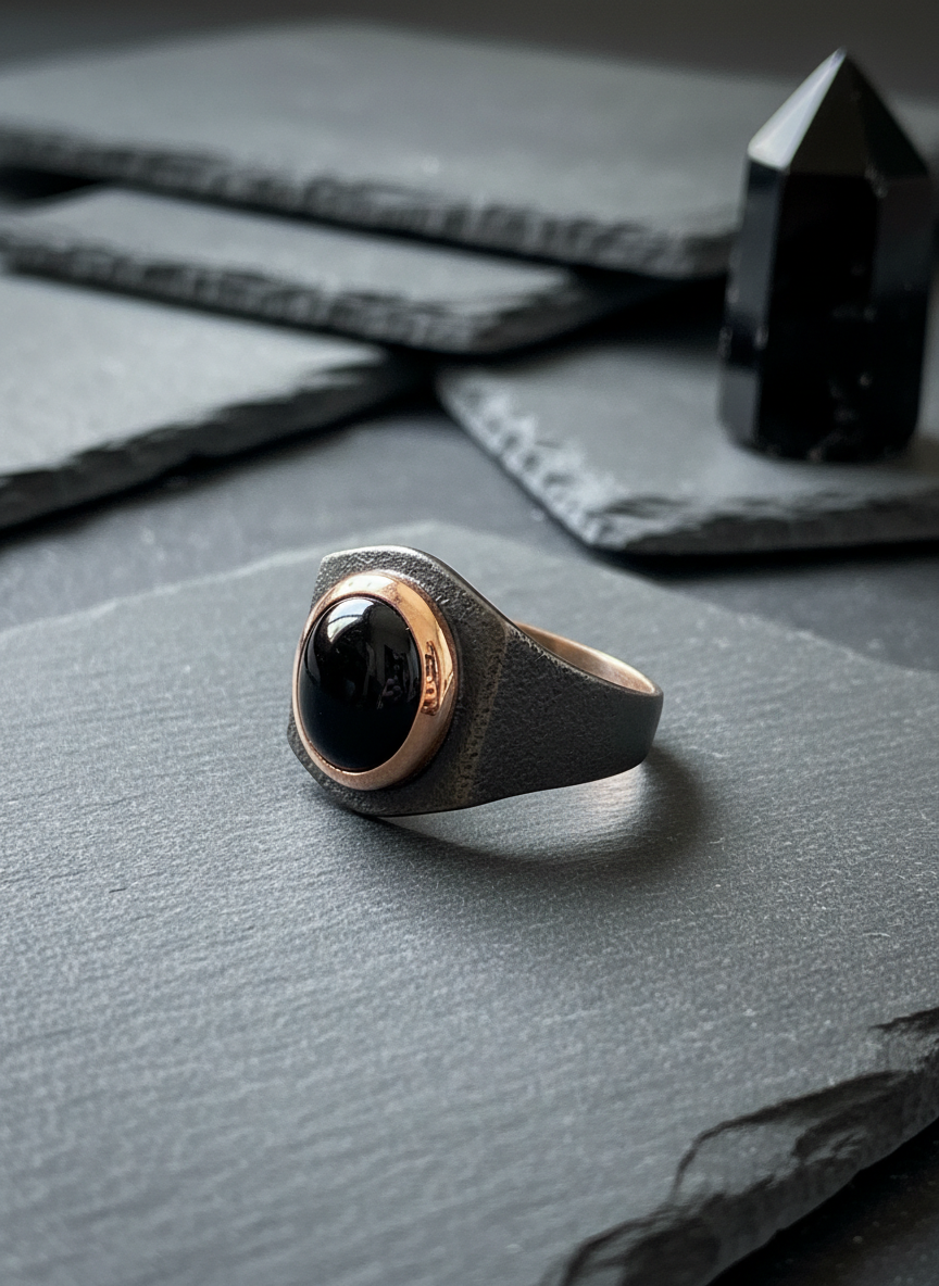 A close, detailed photographic shot of an energetic protection talisman ring balanced upright on the edge of a smooth, charcoal slate tile. The ring is crafted from matte blackened silver with a small, shield-shaped onyx cabochon at its center, framed by a thin halo of polished rose gold. In the softly blurred background, a geometric pattern of overlapping slate tiles and a single obsidian point create a subtle, modern altar. Dramatic side lighting from the right produces a captivating contrast, carving out sharp highlights along the ring’s edges and deep, refined shadows on the stone, giving the scene a powerful, grounded atmosphere. The composition is centered, with a shallow depth of field emphasizing the ring’s texture, sophistication, and protective energy.