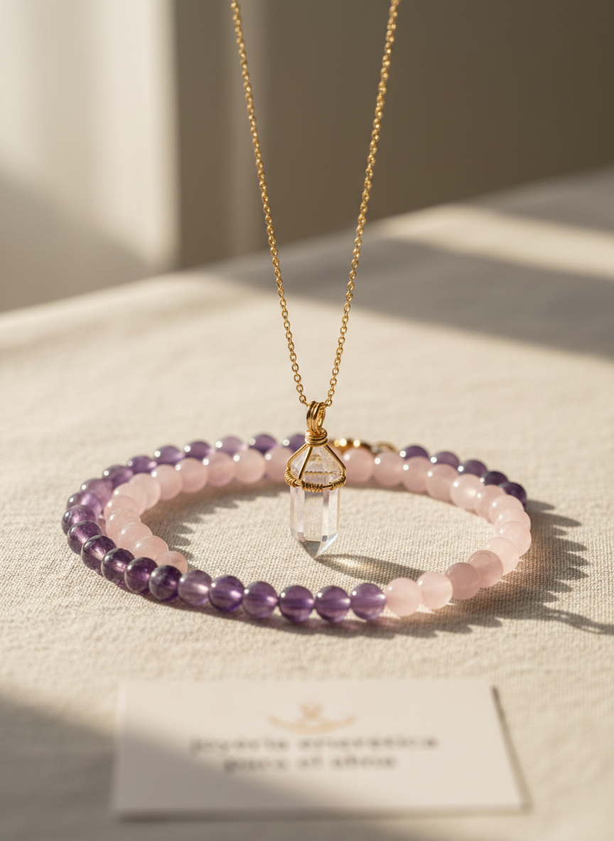 A close-up photographic image of a finely crafted energetic jewelry set displayed on a smooth, pale beige linen cloth. The centerpiece is a delicate gold-plated necklace with a clear quartz point wrapped in minimalist wire, surrounded by small polished amethyst and rose quartz bracelets arranged in a gentle curve. Soft morning light enters from the left, creating subtle reflections on the metal and crystals, and casting faint, elongated shadows across the fabric. The background fades into a creamy bokeh, suggesting a calm interior. Shot from a slightly elevated angle with a shallow depth of field, the mood is sophisticated, serene, and spiritual, emphasizing “joyería energética para el alma” with a clean, modern, photographic realism aesthetic.